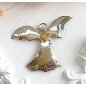 Angel w/ Gold Heart Sterling Silver XL Vintage Polished Religious Brooch Pin